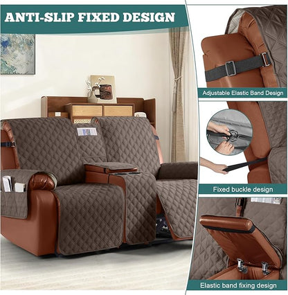 Ruaozz Waterproof Loveseat Recliner Cover with Console Non-Slip Reclining Couch Covers Split Sofa Slipcovers with Elastic Straps Furniture Protector for Kids, Dogs, Pets(Brown, 2 Seater)
