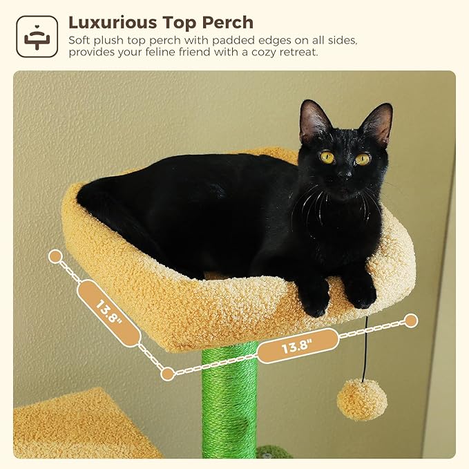 MUTTROS Cactus Cat Tree, 62-Inch Tall Multi-Level Cat Tower with Scratching Posts, Cat Condos for Large Indoor Cats, Plush Cat Bed w/Padded Perches, Scratching Pad & 2 Green Pompoms, Green