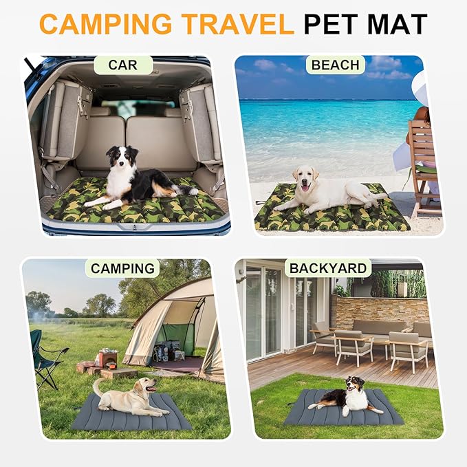 BEAUTYZOO Outdoor Dog Bed Waterproof, Camping Dog Bed Reversible, Portable Travel Bed with Carry Bag- Machine Washable, Durable, Foldable Pet Blanket for Medium Large Dogs, 26" x 43" Camouflage