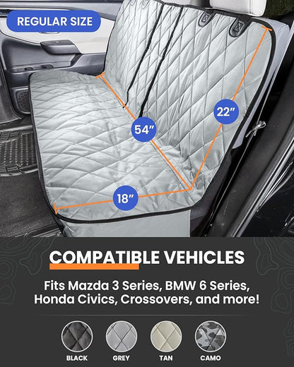4Knines Dog Seat Cover for Back Seat, Heavy Duty Waterproof Rear Seat Protector for Small Trucks, SUVs, Cars - Fits 60/40 Split Bench with Middle Seat Belt, Non-Slip Dog Backseat Cover (Regular, Grey)