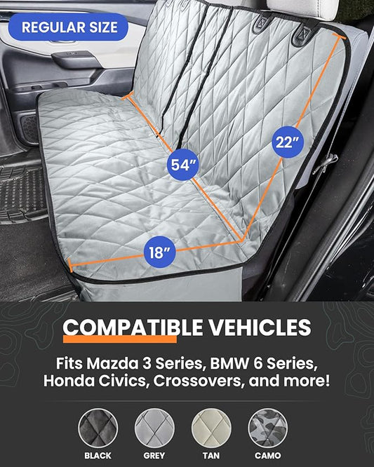 4Knines Dog Seat Cover for Back Seat, Heavy Duty Waterproof Rear Seat Protector for Small Trucks, SUVs, Cars - Fits 60/40 Split Bench with Middle Seat Belt, Non-Slip Dog Backseat Cover (Regular, Grey)