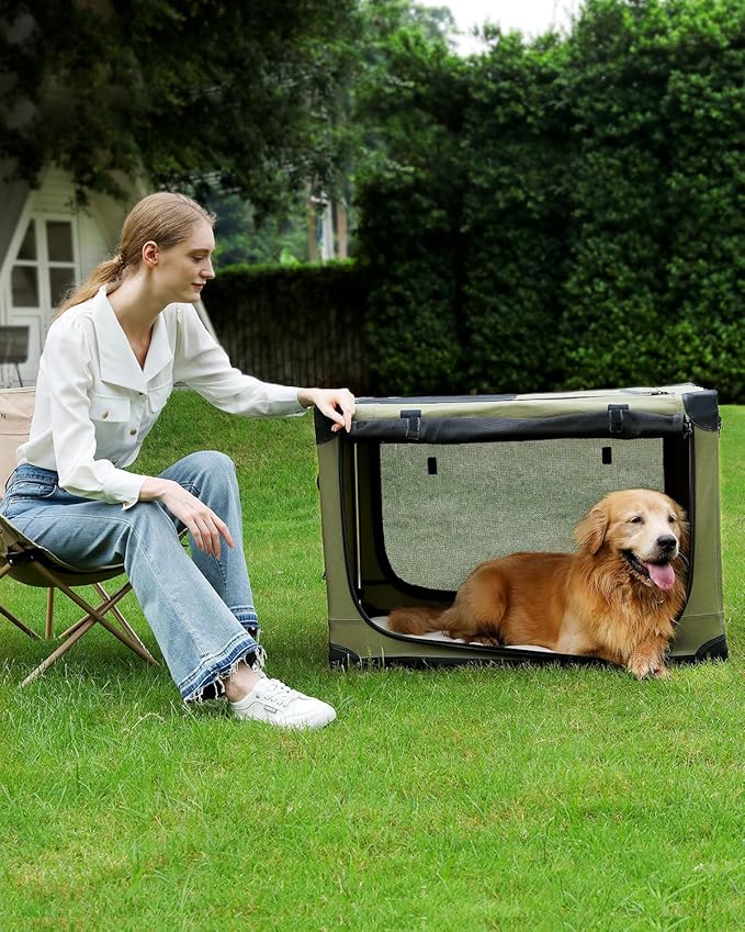 Veraste 24" L x 17" W x 17" H Collapsible Travel Dog Crate, Portable Soft Dog Kennel for Small Medium Pets up to 30 lbs, 4-Door Foldable Travel Crate with Durable Mesh & Storage Bag, Green
