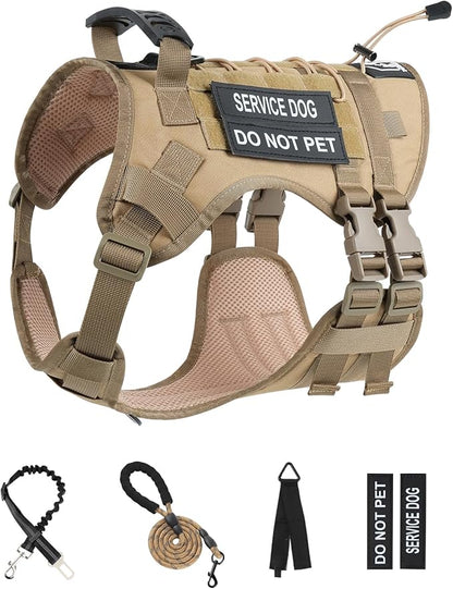 No Pull Tactical Dog Harness for Large Dogs, Escape Proof Molle Dog Vest Harness and Leash Set, Adjustable Military Service Dog Harness with Handle for Medium Large Dogs(Brown,Large)