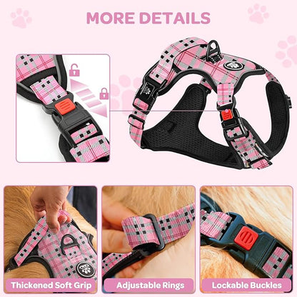 FURRYFECTION Plaid Dog Harness for Small Dogs, Reflective No Pull Adjustable Pet Vest with Front Clip, Leash, Easy Control Handle and Seat Belt, Pink&Black, S