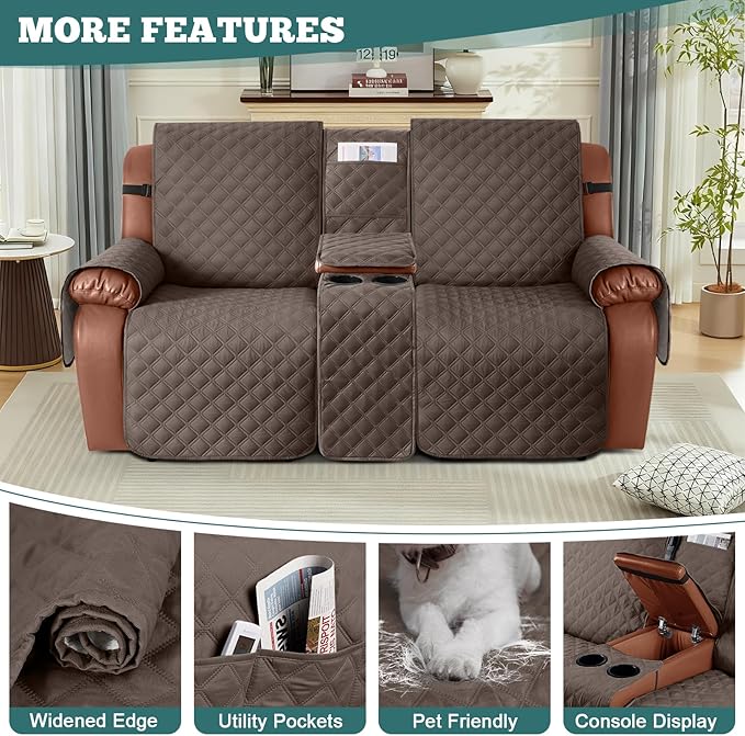 Ruaozz Waterproof Loveseat Recliner Cover with Console Non-Slip Reclining Couch Covers Split Sofa Slipcovers with Elastic Straps Furniture Protector for Kids, Dogs, Pets(Brown, 2 Seater)