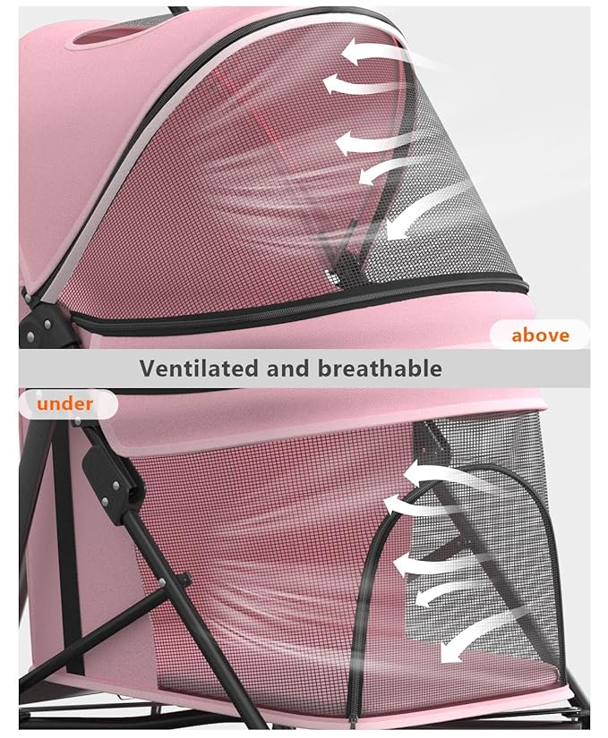 OS MOTOR Pet Stroller with 4 Wheels for Small/Medium Pets, Portable Travel Foldable Carrier Jogger for Dog Cat Puppy Kitty, Rear Wheel Breaks, Storage Basket, Visible Mesh with Weather Cover (Pink)