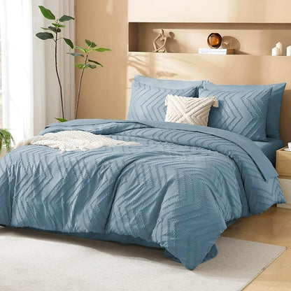 Litanika Grayish Blue Queen Size Comforter Set with Sheets - 7 Pieces Bed in a Bag Queen Boho Tufted Complete Bedding Sets with Comforter, Sheets, Pillowcases & Shams