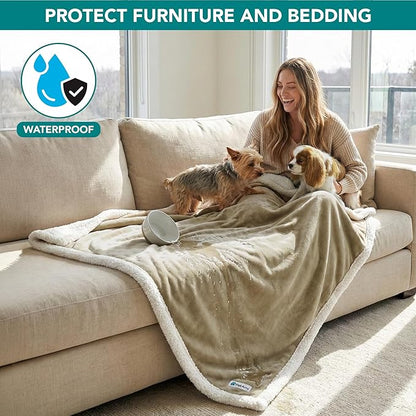 PetAmi Waterproof Dog Blanket for Small Medium Dog Puppy Cat Throw for Couch Cover Leakproof Protection, Sherpa Fleece, Reversible Soft Washable 29x40 Taupe