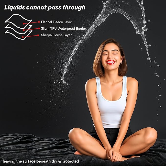 Waterproof Blanket King Size, Black & Gray 82x82"- Water Proof and Stain Resistant Blankets for Bed, Couch, Couples Fleece Moisture Absorbent, Layered Sheet Protector, Leakproof Protective Top Cover