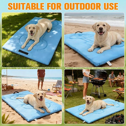 EXPAWLORER Outdoor Dog Bed, Portable Waterproof Reversible Camping Travel Durable Dog Bed, Large Pet Mat Machine Washable Indoor for Medium Large Dogs Puppy Cats Sleeping Outside 35"x51" Blue & Grey