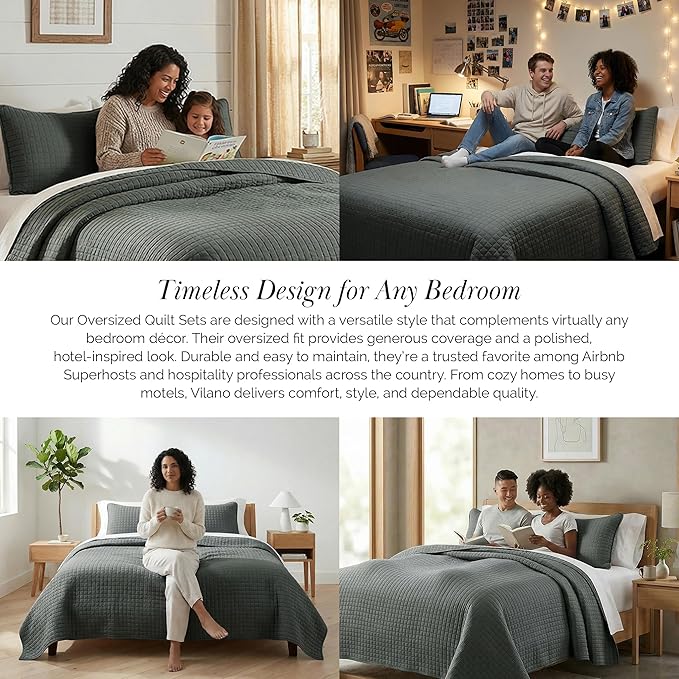 Southshore Fine Living, Inc. Oversized Quilt King Size Set, Grey Bed Spread King Size with 2 Matching Pillow Shams, Microfiber Quilted Comforter Bed Coverlet, Bedspread Set, Slate Grey Quilt