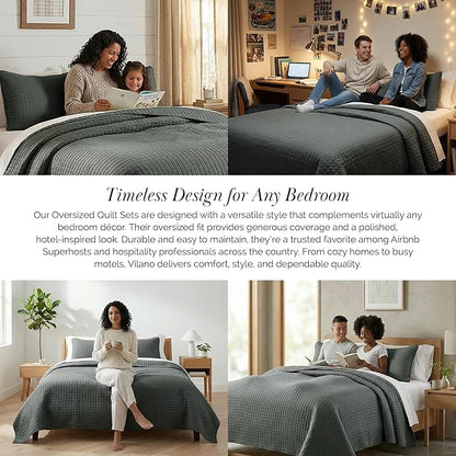 Southshore Fine Living, Inc. Oversized Quilt King Size Set, Grey Bed Spread King Size with 2 Matching Pillow Shams, Microfiber Quilted Comforter Bed Coverlet, Bedspread Set, Slate Grey Quilt