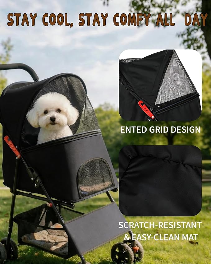 Pet Stroller for Small Medium Dogs Cats - Lightweight 10lbs Foldable Dog Stroller, Breathable Mesh & Safety Tether, 33lbs Capacity with Locking Wheels, Storage Basket for Outdoor Walks-Black