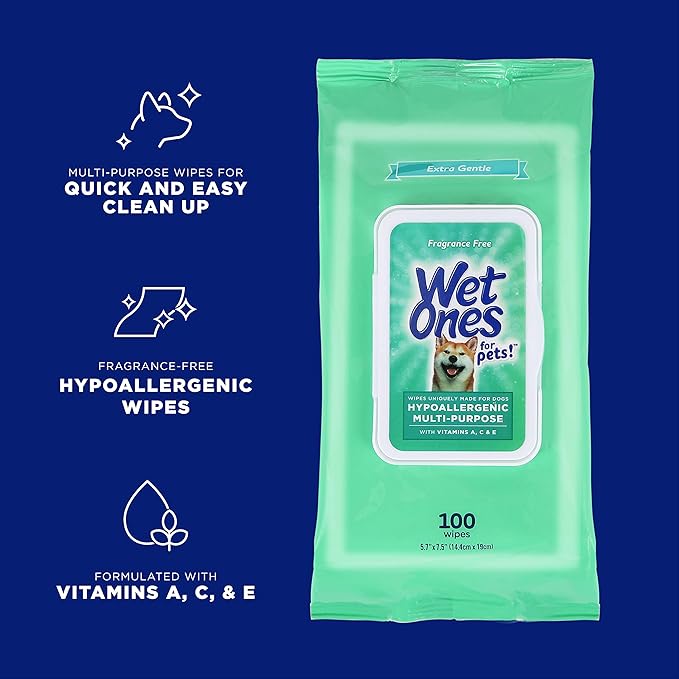 Wet Ones for Pets Hypoallergenic Multipurpose Dog Wipes with Vitamins A, C & E - No Fragrance Pet Wipes for Dogs with Wet Lock Seal, 100 Count - 12 Pack