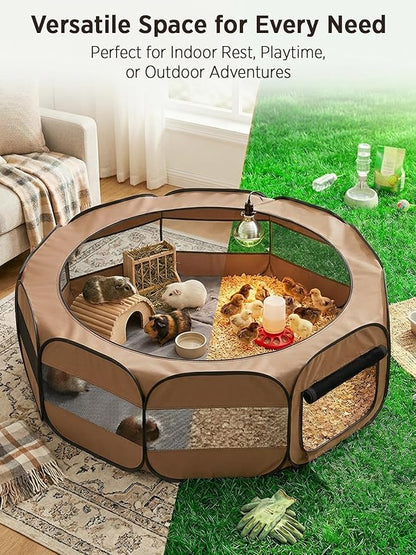 UWE Extra Large Small Animal Playpen, XL Portable Pet Playpen for Rabbit, Kitten, Guinea Pig, Hamster, Puppy – Waterproof Foldable Mesh Tent with Zipper Cover, Indoor Outdoor Use, Brow