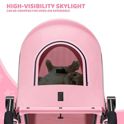 Magshion Pet Stroller for Medium Dogs w/Adjustable Handle, 3-Wheel Dog Cat Wagon w/Dual Entry, Rear Storage, Breathable Mesh, One-Foot Brake, Ideal for Large Pets up to 55 lbs, Pink