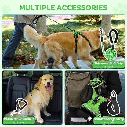FURRYFECTION Plaid Dog Harness for Small Dogs, Reflective No Pull Adjustable Pet Vest with Front Clip, Leash, Easy Control Handle and Seat Belt, Green, S