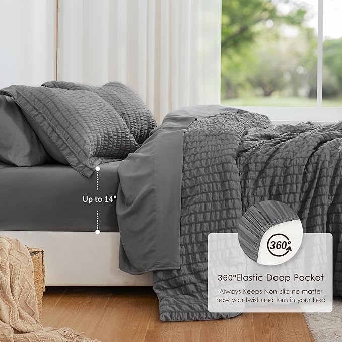 Love's cabin Seersucker Dark Grey King Size Comforter Set, 7-Piece All Season Lightweight Bed in a Bag Bedding Set with Comforter, Flat Sheet, Fitted Sheet, Pillowcases and Shams | Soft, Breathable, Lightweight