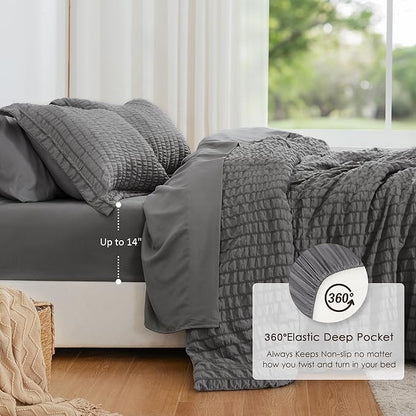 Love's cabin Seersucker Dark Grey Queen Comforter Set, 7-Piece All Season Lightweight Bed in a Bag Bedding Set with Comforter, Flat Sheet, Fitted Sheet, Pillowcases and Shams | Soft, Breathable, Lightweight