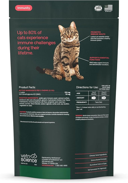 VetriScience Lysine Immunity Health Chews, 250 mg Lysine Plus Immune Supplement for Cats and Kittens with Allergies, Sneezing, Runny Nose and Watery Eyes, Chicken, 120 Count (Pack of 2)
