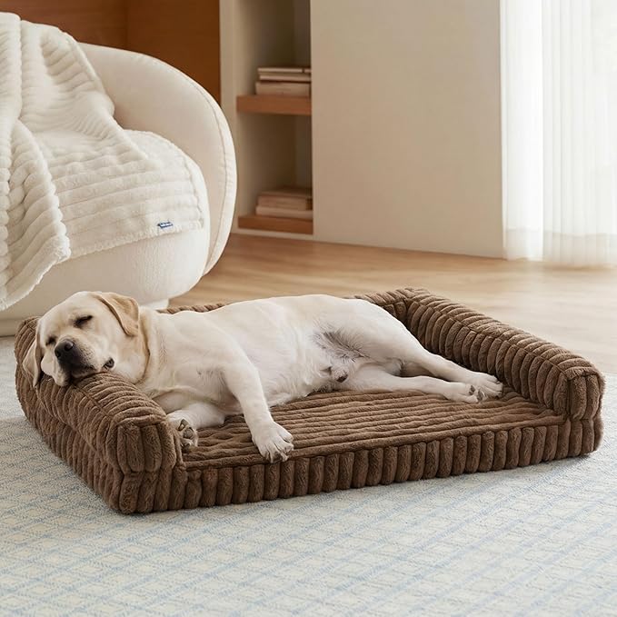 Bedsure ComfyFleece™ Orthopedic Dog Beds for Extra Large Dogs, Memory Foam XL Dog Couch with Sides, Waterproof Big Pet Sofa with Washable Corduroy Cover, Non-Slip and Egg-Crate Foam, Brown