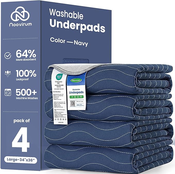 Noovirum® Washable Underpads,34"x36" (Pack of 4) Navy - Heavy Absorbency Incontinence Bed Pads for Adults, Kids & Pets - Waterproof Reusable Protective Pad for Bed, Sofa, Furniture & Floor