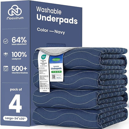 Noovirum® Washable Underpads,34"x36" (Pack of 4) Navy - Heavy Absorbency Incontinence Bed Pads for Adults, Kids & Pets - Waterproof Reusable Protective Pad for Bed, Sofa, Furniture & Floor