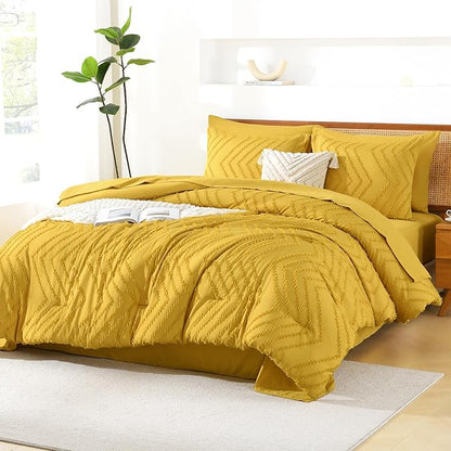 Litanika King Size Comforter Set with Sheets Mustard Yellow - 7 Pieces Bed in a Bag King Chevron Tufted Complete Bedding Sets with Comforter, Sheets, Pillowcases & Shams