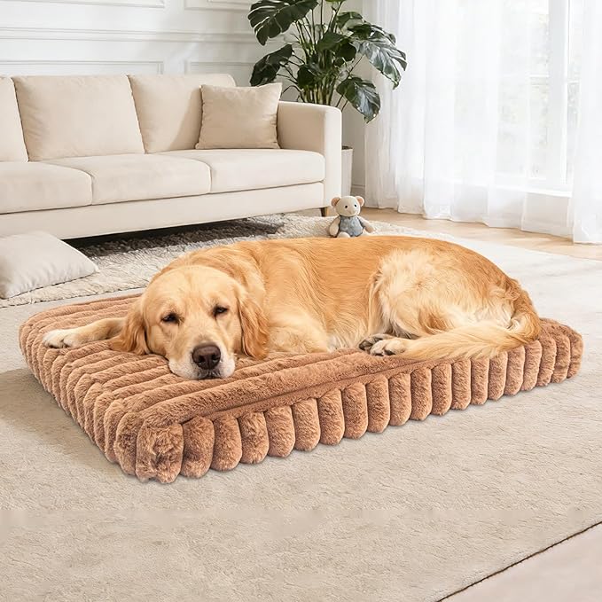 Dog Beds Flat Dog Crate Bed Waterproof for Meduim Large Dogs with Plush Removable Washable Cover Anti Slip Bottom for Indoor,Khaki,41.7"x26.8"