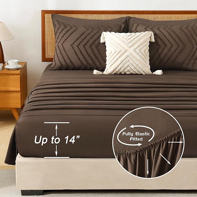 Litanika Queen Size Comforter Set with Sheets Brown - 7 Pieces Bed in a Bag Queen Chevron Tufted Complete Bedding Sets with Comforter, Sheets, Pillowcases & Shams