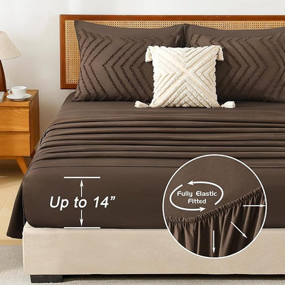 Litanika California King Size Comforter Set with Sheets Brown - 7 Pieces Bed in a Bag Cal King Chevron Tufted Complete Bedding Sets with Comforter, Sheets, Pillowcases & Shams