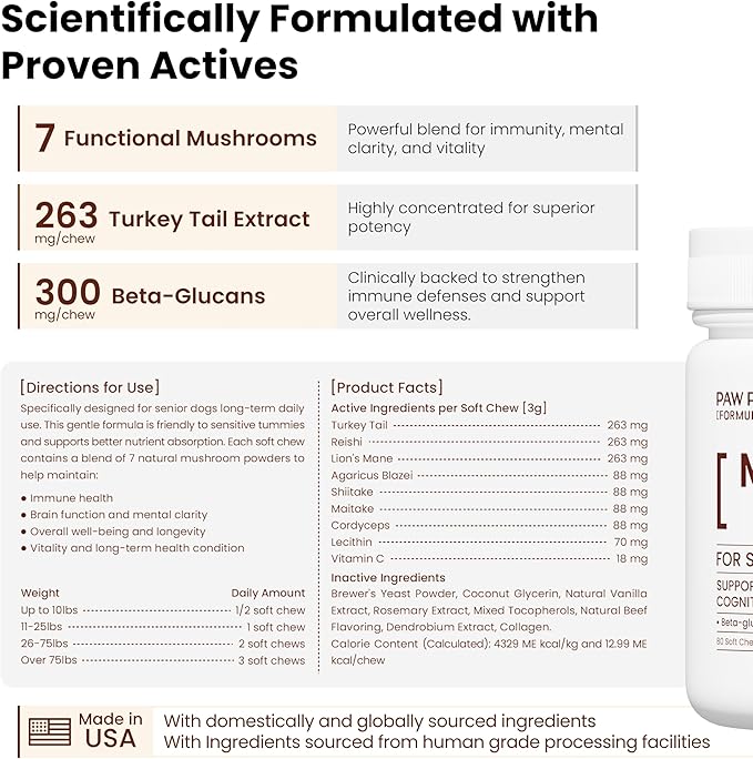 Pawpulse Formula Turkey Tail Mushroom for Dogs - Lipoma, Lumps & Bumps Defense - 7-in-1 Functional Immune Support with Reishi & Lion's Mane - Brain, Vitality, Gut Health & Longevity - 80 Soft Chews