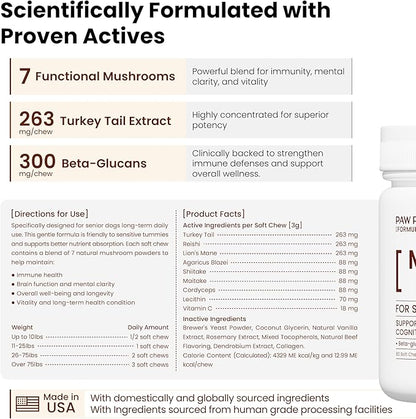 Pawpulse Formula Turkey Tail Mushroom for Dogs - Lipoma, Lumps & Bumps Defense - 7-in-1 Functional Immune Support with Reishi & Lion's Mane - Brain, Vitality, Gut Health & Longevity - 80 Soft Chews
