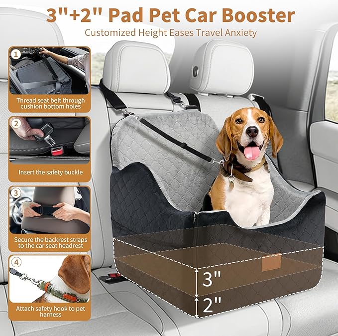 XEEP Dog Car Seat Bed for Small/Medium Dogs – Dog Booster Car Seat Up to 35 lbs -Use Travel Booster Seat with Memory Foam, Safety Belt, Bonus Urine Pad & Blanket, Removable Washable (Black/Grey)
