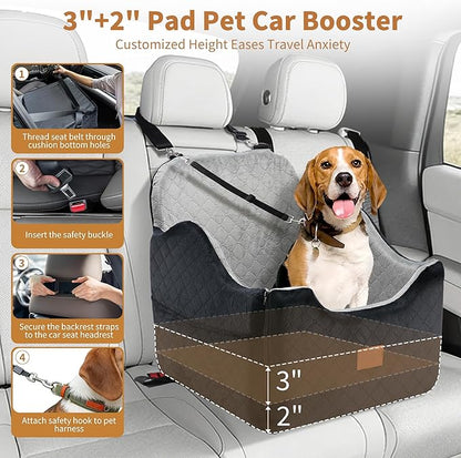 XEEP Dog Car Seat Bed for Small/Medium Dogs – Dog Booster Car Seat Up to 35 lbs -Use Travel Booster Seat with Memory Foam, Safety Belt, Bonus Urine Pad & Blanket, Removable Washable (Black/Grey)