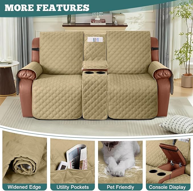Ruaozz Waterproof Loveseat Recliner Cover with Console Non-Slip Reclining Couch Covers Split Sofa Slipcovers with Elastic Straps Furniture Protector for Kids, Dogs, Pets (Sand, 2 Seater)