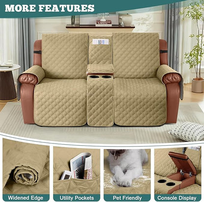 Ruaozz Waterproof Loveseat Recliner Cover with Console Non-Slip Reclining Couch Covers Split Sofa Slipcovers with Elastic Straps Furniture Protector for Kids, Dogs, Pets (Sand, 2 Seater)