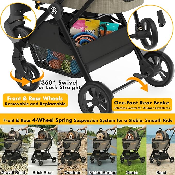 PAWZIDEA 4-in-1 Pet Stroller with Detachable Carrier, Escape-Proof No-Zip Canopy, Lightweight Foldable Dog Stroller for Small Medium Dogs & Cats, Portable Travel Crate & Car Seat Combo, Storage Basket
