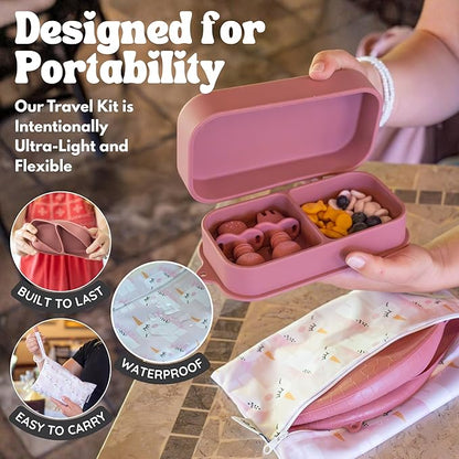 Baby Travel Essentials 6 Pc Silicone Feeding Set - Portable Toddler Plates with Suction, Baby Spoons & Foldable Bib in Carrying Case - BPA-Free Infant & Toddler Utensils for Airplanes & Eating Out