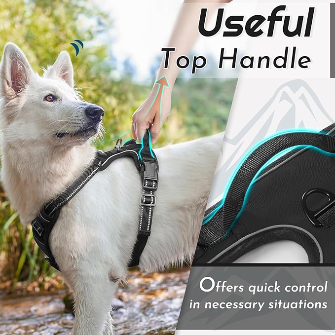 Eagloo Dog Harness for Large Dogs, No Pull Service Vest with Reflective Strips and Control Handle, Adjustable and Comfortable for Walking, No Choke Pet Harness with 2 Metal Rings, Black, L