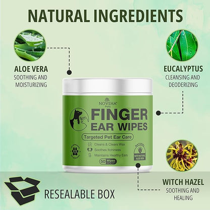 NOVEHA Dog Ear Wipes Finger Glove Fit | Easy Ear Cleaning for Dogs & Puppies, Cats & Kittens | Gentle Pet Ear Cleaner Finger Wipes for Puppy, Kitten & More | Cat & Dog Ear Wash | 2PK - 50ct