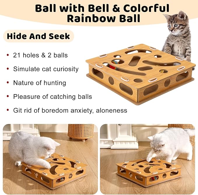 Interactive Cat Puzzle Toy with Bell & Rainbow Balls, Mental Stimulation Play Box for Indoor Cats & Kittens, Fun Maze Game for Boredom Relief & Exercise