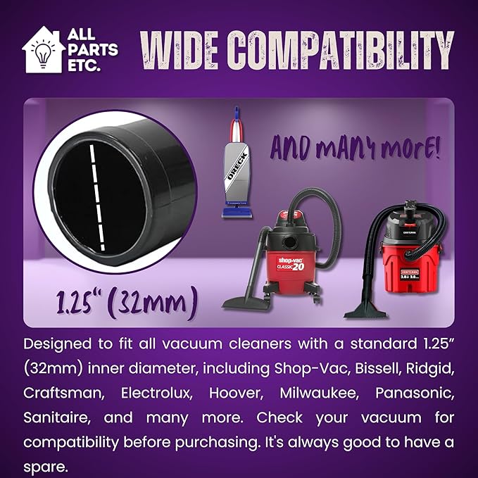 2-Pack Crevice Tool for Vacuum Cleaner, 1.25” Wet/Dry Vacuum Attachment, 8” Length, Compatible with Shop Vac, Bissell, Nutone, Eureka, Beam & Central Vacuums