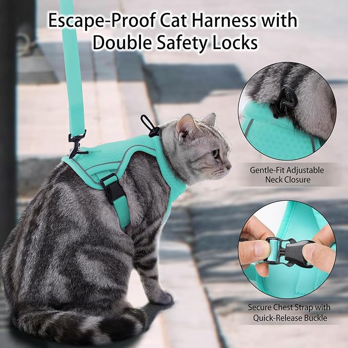 Dotoner Escape Proof Cat Harness and Leash Set Adjustable Soft Mesh Vest for Walking Safe Travel Vet Visit with Reflective Strips for Cats and Kittens(Turquoise-M)