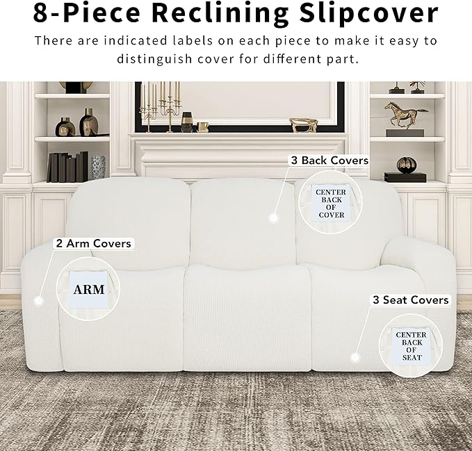 Easy-Going 100% Dual Waterproof Recliner Sofa Cover, 8-Pieces Stretch Relining Couch Cover with Pocket, Jacquard 3 Seat Sofa Slipcover Leakproof Washable (Sofa, Cream)