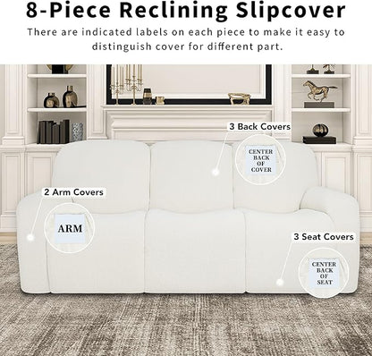 Easy-Going 100% Dual Waterproof Recliner Sofa Cover, 8-Pieces Stretch Relining Couch Cover with Pocket, Jacquard 3 Seat Sofa Slipcover Leakproof Washable (Sofa, Cream)
