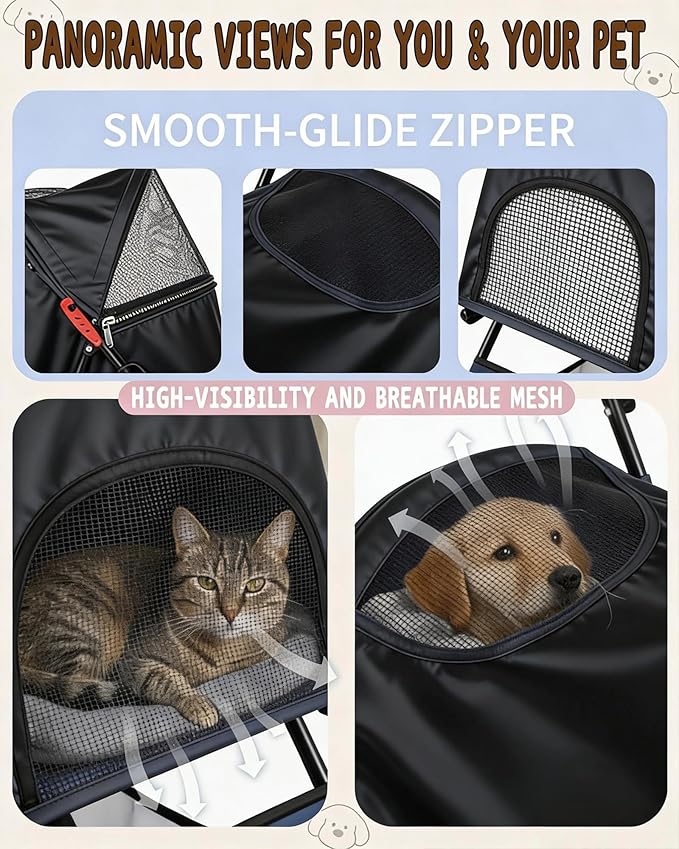 Pet Stroller for Small Medium Dogs Cats - Lightweight 10lbs Foldable Dog Stroller, Breathable Mesh & Safety Tether, 33lbs Capacity with Locking Wheels, Storage Basket for Outdoor Walks-Black