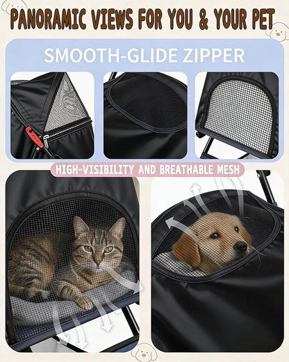 Pet Stroller for Small Medium Dogs Cats - Lightweight 10lbs Foldable Dog Stroller, Breathable Mesh & Safety Tether, 33lbs Capacity with Locking Wheels, Storage Basket for Outdoor Walks-Black