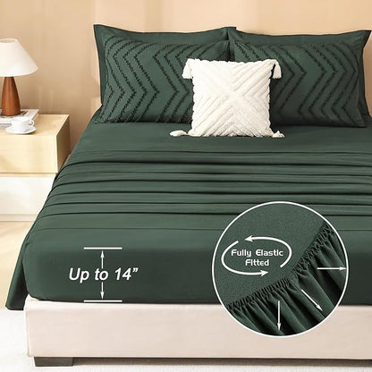 Litanika Forest Green Queen Size Comforter Set with Sheets - 7 Pieces Bed in a Bag Queen Boho Tufted Complete Bedding Sets with Comforter, Sheets, Pillowcases & Shams