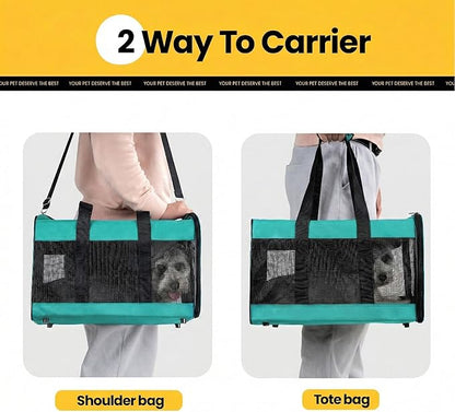 Conlun Cat Carrier Airline Approved, Soft-Sided Dog Carrier with Inner Safety Leash, Pet Transport Carrier for Small-Medium Cats Puppies up to 15 Lbs,Travel Kitten Carrier Bag -Turquoise,M